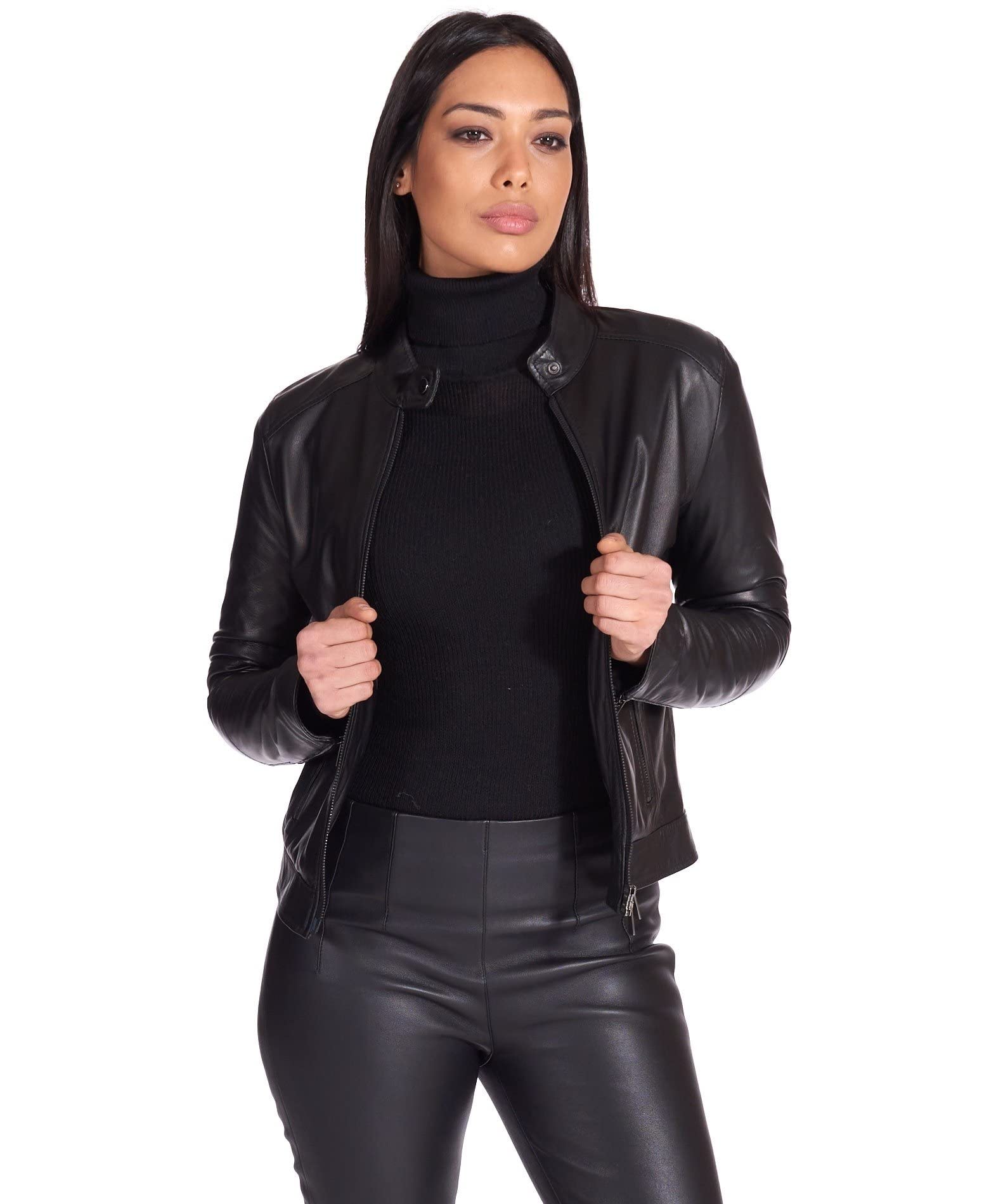 D'Arienzo Veste en Cuir Italien Agneau Femme Noir Véritable Motard Made in Italy Linda