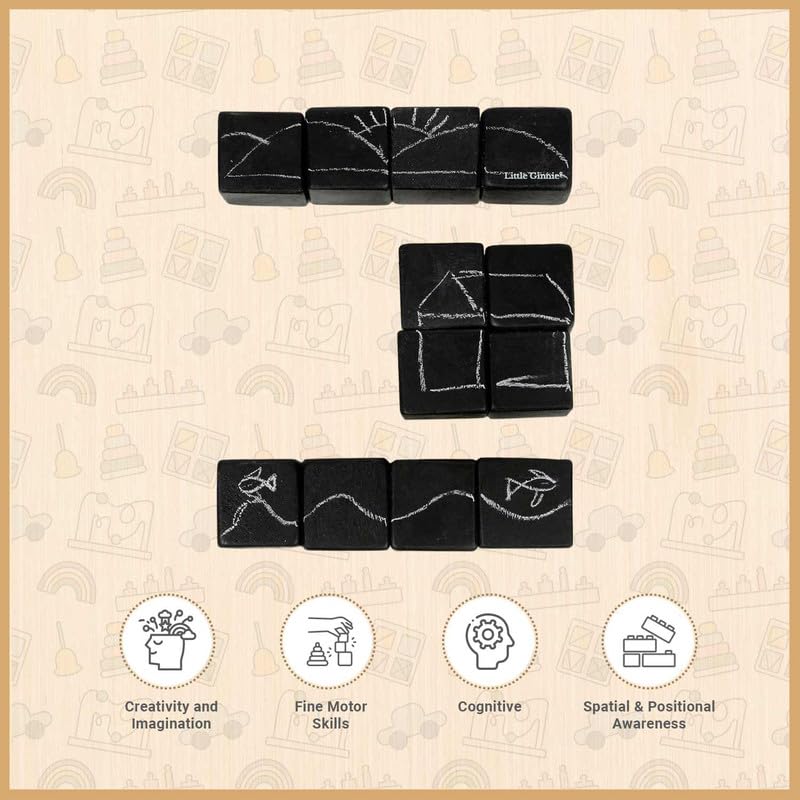 Little Ginnie Chalkboard Block Set - Wooden Puzzle for Kids for Ages 3+ Years | 12 Reusable Multi-Use Blocks for Creative Play & Learning, Easy to Rub and Redraw | Enhances Fine Motor Skills