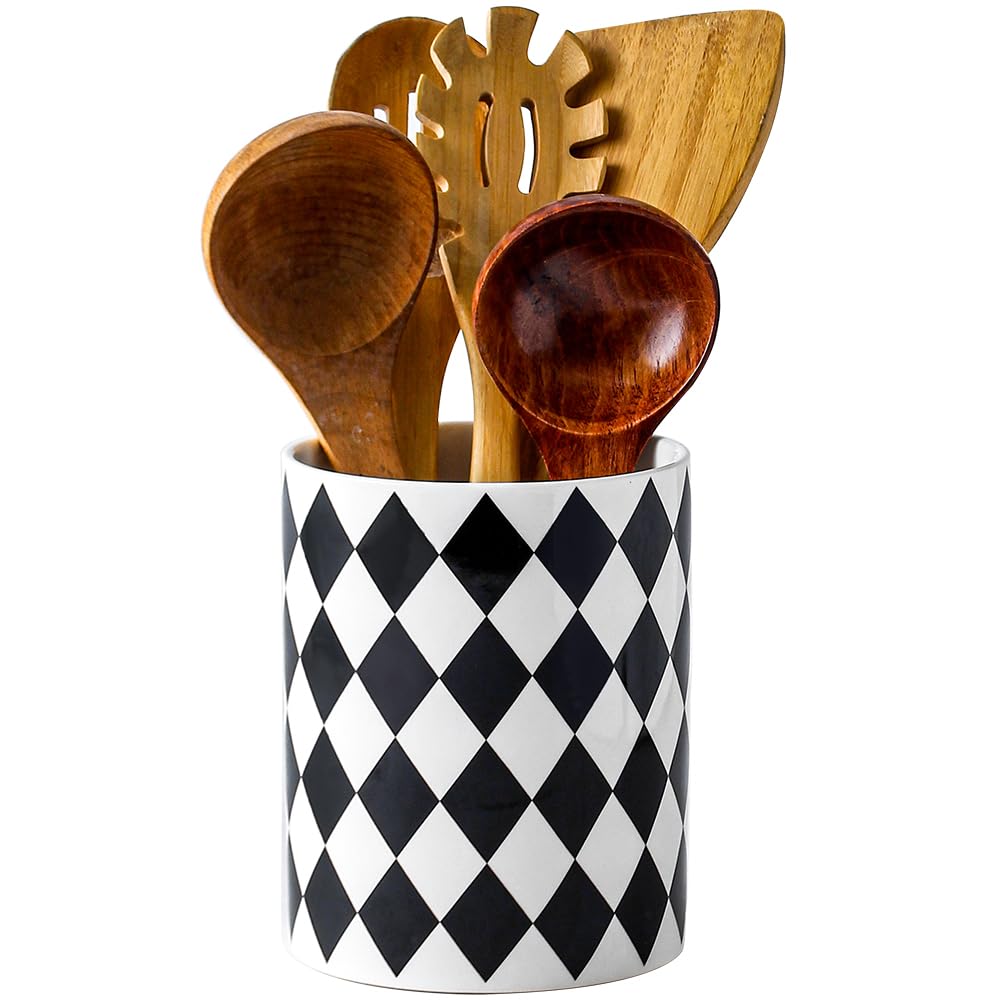 Joyramic Kitchen Utensil Holder, 6.3 Inch Checkered Ceramic Cooking Utensil Holder Modern Utensil Crocks for Kitchen Counter-Farmhouse, Housewarming Gift, Decor and Accessories (Diamond Black, 16 cm)