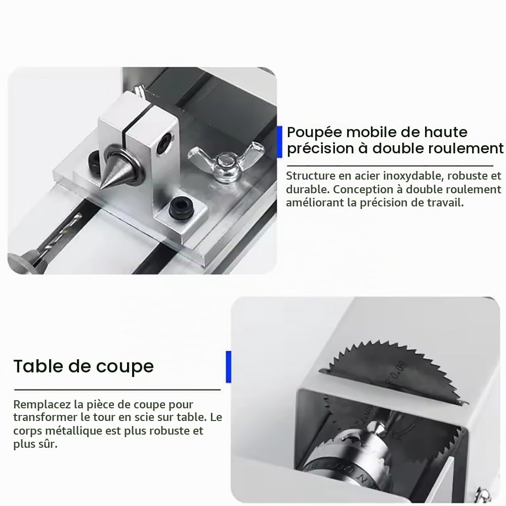 Mini Tour à Bois, 24v Tour à Bois 4000-8000 tr/min, Mini Tour Metaux avec 7 Vitesses, Plage de Serrage de 0.06 à 6.5 mm,pour le Tournage,le Meulage,le Polissage,le Perçage de Chapelets et la Sculpture