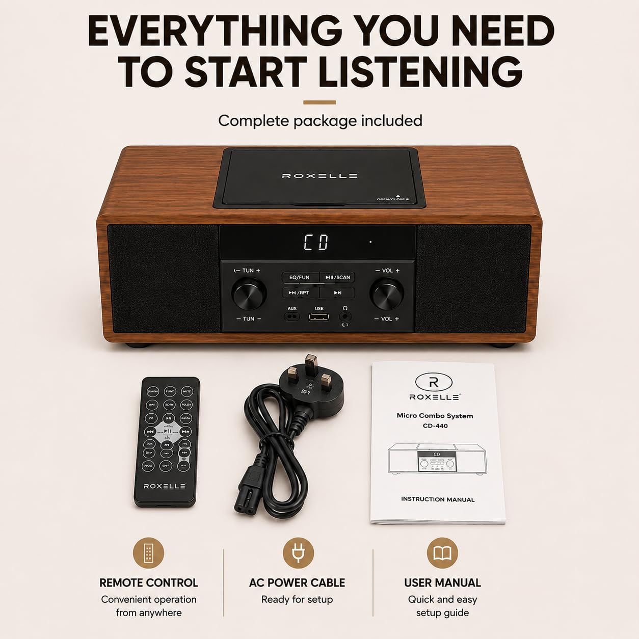ROXELLE Sistema Hi-Fi compatto CD-440 con lettore CD, Bluetooth, radio FM, riproduzione MP3 USB, AUX e jack per cuffie, 2 altoparlanti stereo da 10 W, telecomando, finitura in legno di noce