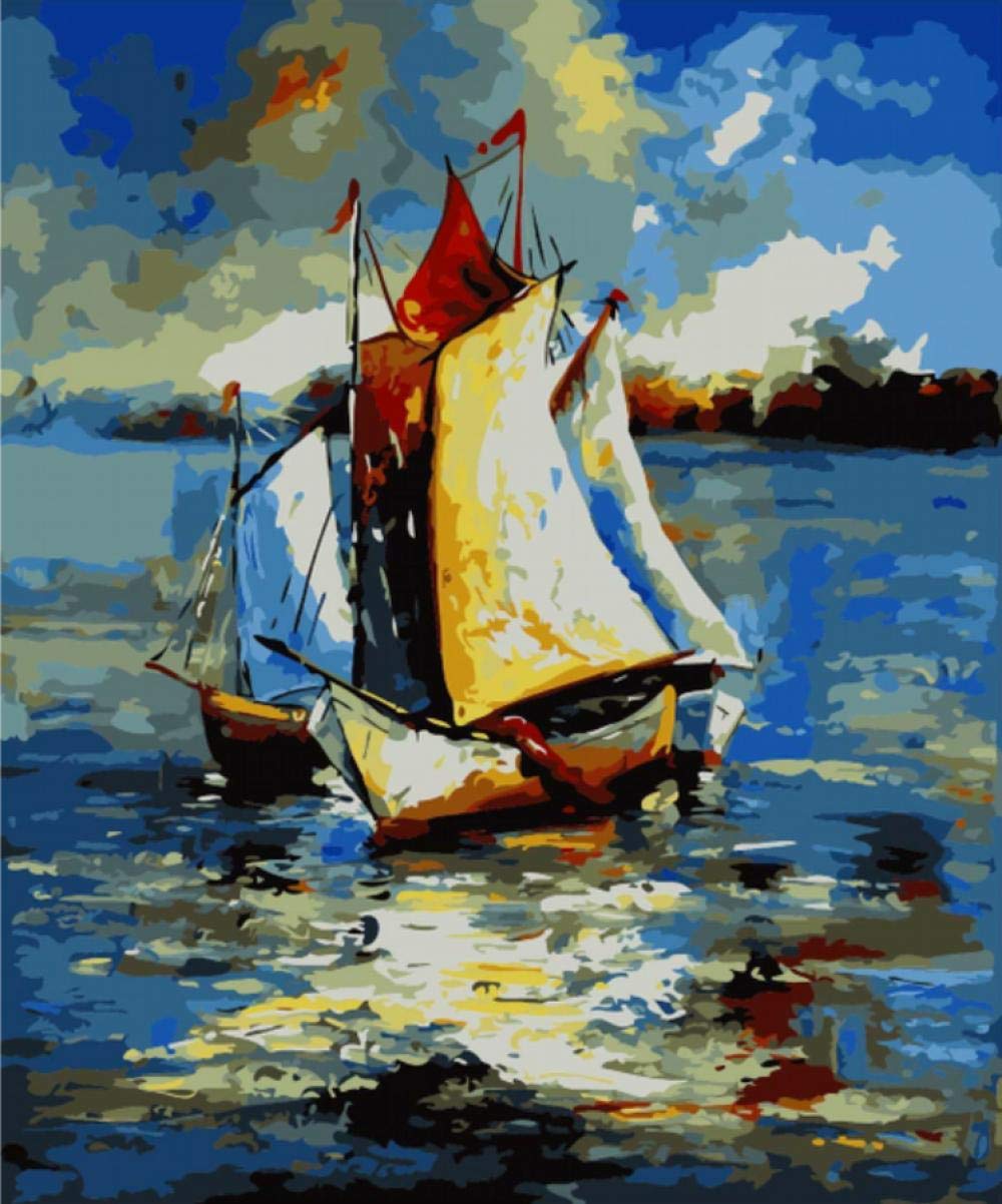 Cadeau peinture par numéros voilier et paysage de mer fait à la main