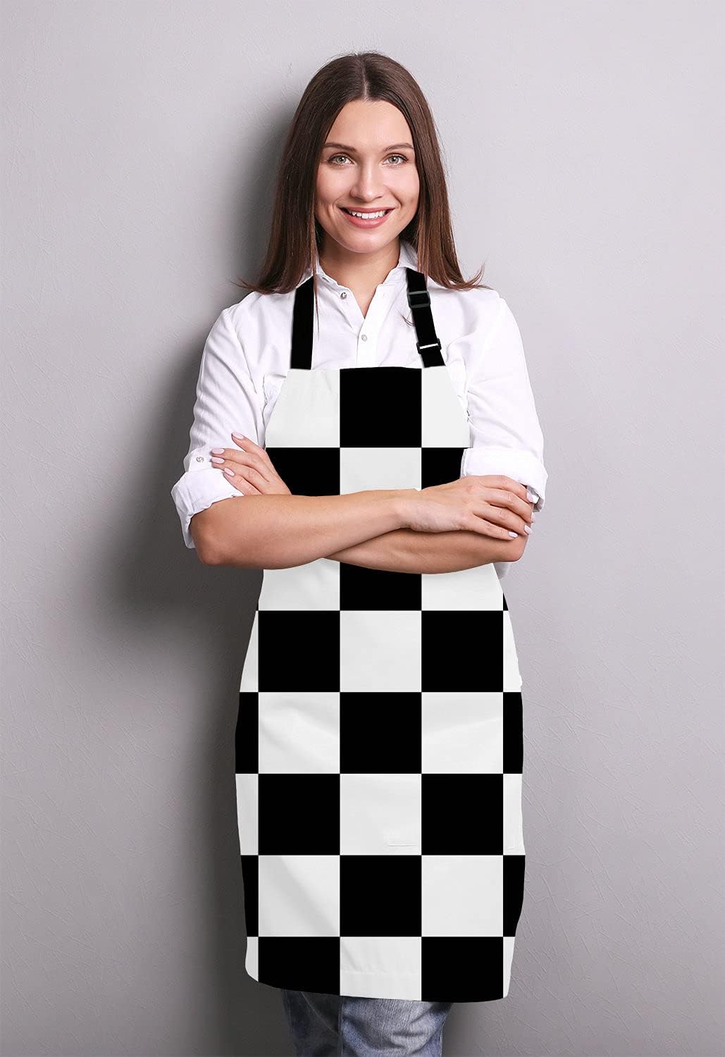 Black and White Art Design Checkered Bib Apron with Adjustable Neck for Men Women,Suitable for Home Kitchen Cooking Waitress Chef Grill Bistro Baking BBQ Apron - Image 3