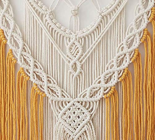 Bluettek Yellow Macrame Wall Hanging Shelf, Boho Decorative Floating Plants Swing Hanging Shelf Wooden Storage Hanger, Handmade Cotton Rope Woven Home Wall Decor #TOP5