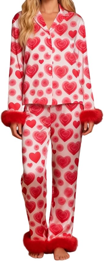 Women Feather Trim Valentines Day Pajama Set Silk Satin Button Up Long Sleeve Top and Wide Lge Pants Sleepwear
