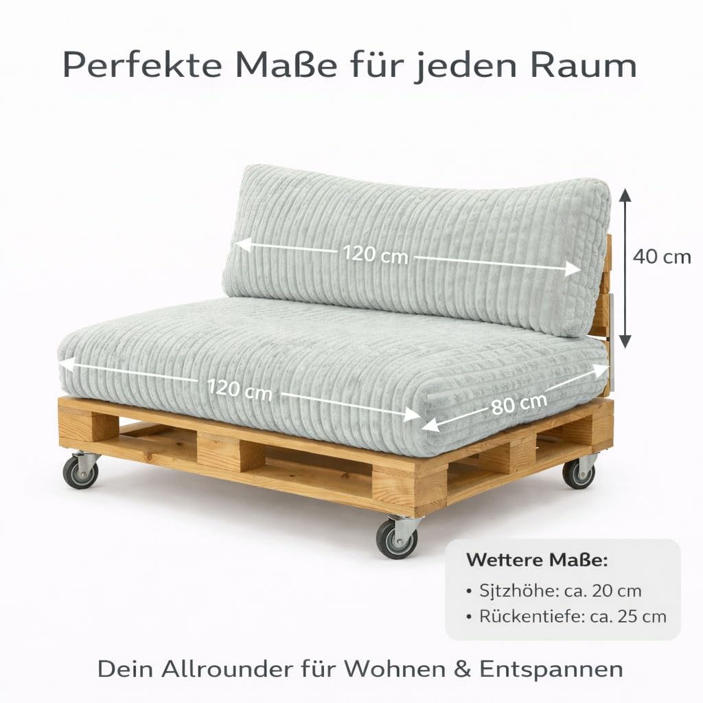 PATCH HOME Paletti Cord™ Palettenpolster Set für Europaletten – Sitz- & Rückenkissen aus Cord für Innen & geschützten Außenbereich (Grau)