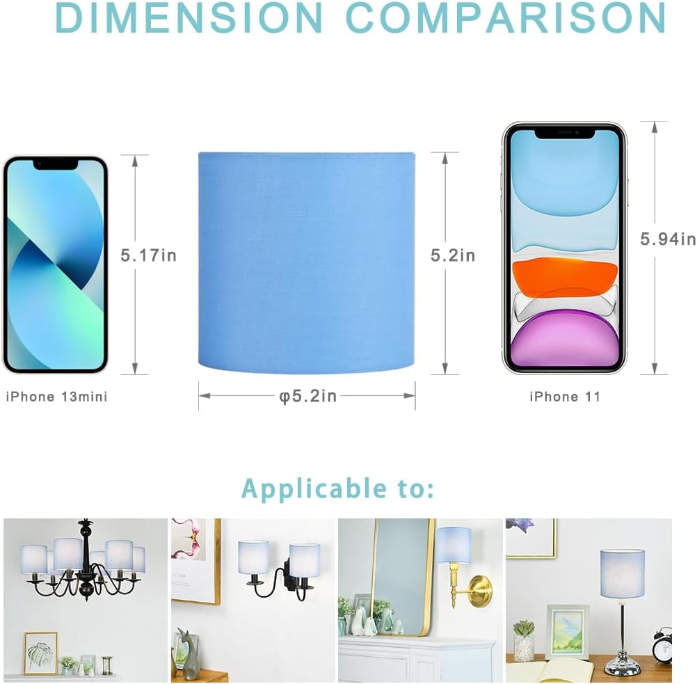 LAMPWELL LEBE Blue Clip on Chandelier Lamp Shades Set of 6,Small Lamp Shades Clip on bulb,5.2"×5.2"×H5.2",Fabric Mini Drum Lamp Shade,Handmade,FOR CANDLE BULB AND SMALL GENERAL BULB