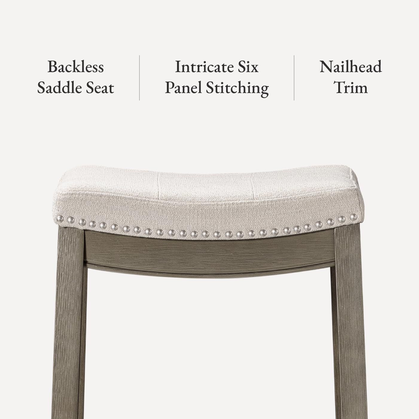 Maven Lane Sophia Backless Counter Stools 26 Inches Set of 3 – Saddle Stools with Footrest – Grey Solid Wood and Grey Fabric Upholstery – Ideal for Kitchen Islands and Counters
