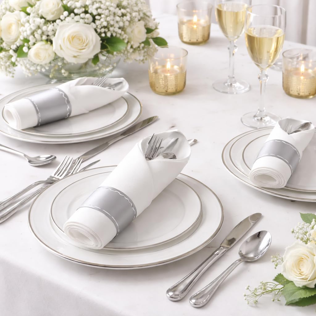 240 Pieces Pre Rolled Cutlery And Napkins Set with Heavy Duty Full Size Polished Silver Cutlery, 60 Forks, 60 Knives, 60 Spoons, In Rolled Napkins, for Weddings, Parties And Events