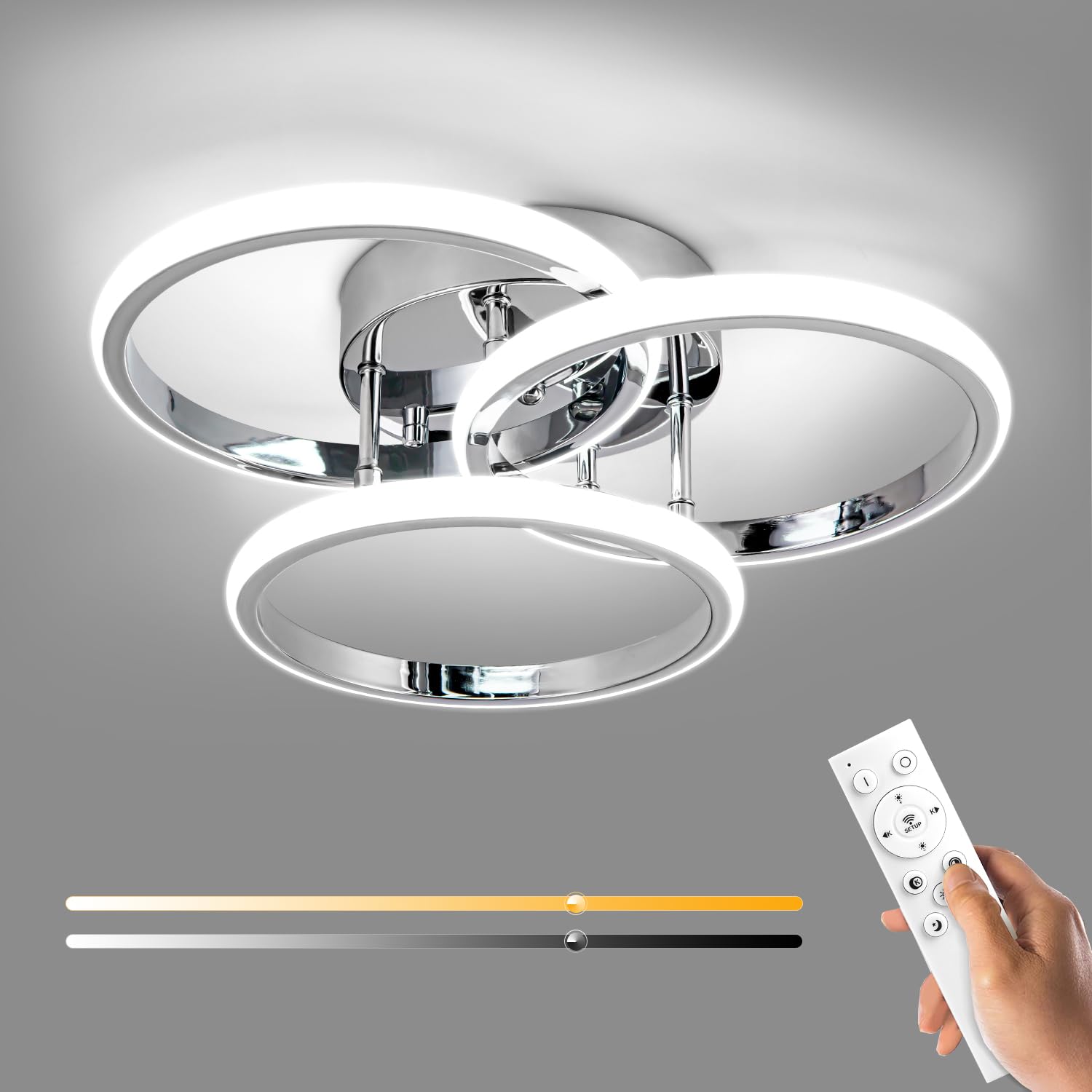 Photo 1 of 15.74IN Dimmable LED Modern Flush Mount Ceiling Light Fixture with Remote Control, Chrome 3000K-6500K 3-Color Dimming Circle Modern Chandelier, Close to Ceiling Bedroom Kitchen Cloakroom Lamp