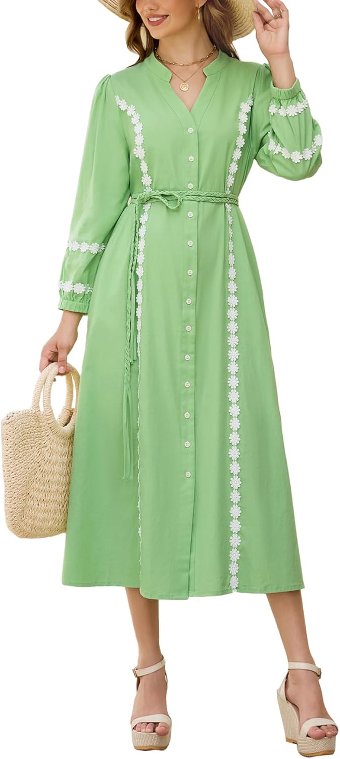 Women Button Down Maxi Dresses V Neck 3/4 Sleeve Lace Trim Kaftan Dress Fall Belted Long Shirt Dresses