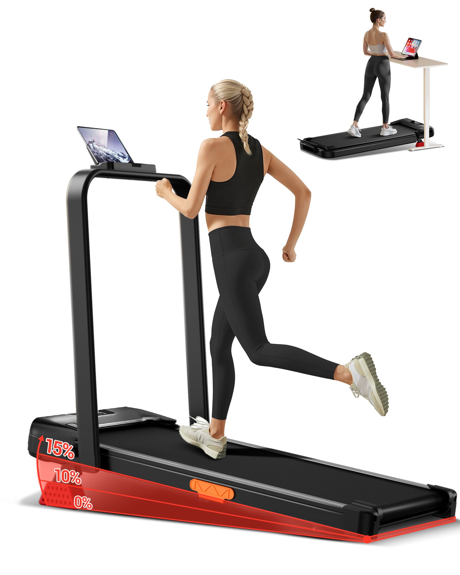 Walking Pad with 15% Incline, Portable Under Desk Treadmill, Foldable Treadmills for Home and Office, 3.0 HP Quiet Walking Pad Treadmill with 159KG Capacity