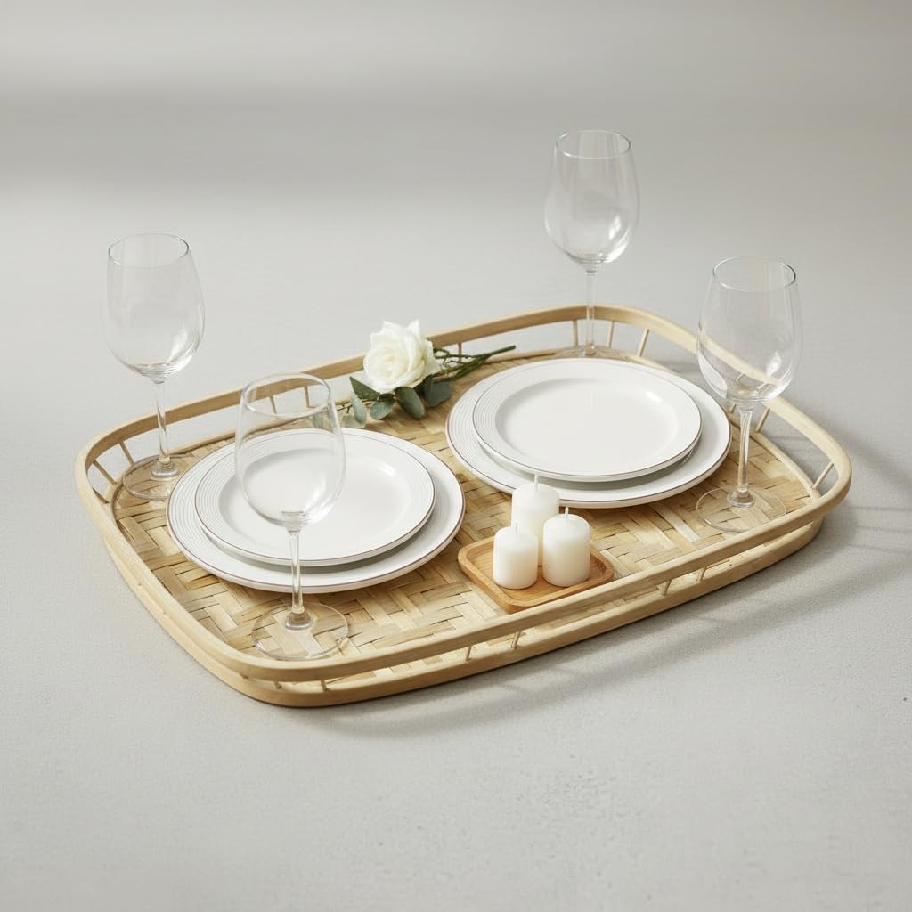 PEMAR Bandejas grandes de bambú para servir con asas, bandeja rectangular tejida a mano, bandeja de bambú para dormitorio, bandeja de cabina. Bandeja decorativa para mesas de café, desayuno, cena,