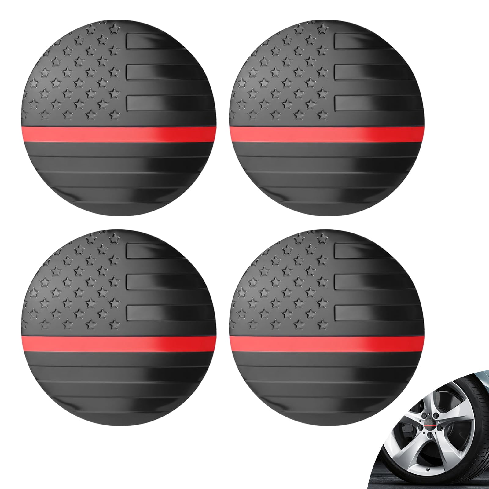 4 PCS Car Hubcap Decorative Sticker, 2.2" x 2.2" American Flag Patriotic Element Design Rim Center Protection Cover, Self-adhesive Quick Installation Accessories, for Most Cars, SUVs (Red)