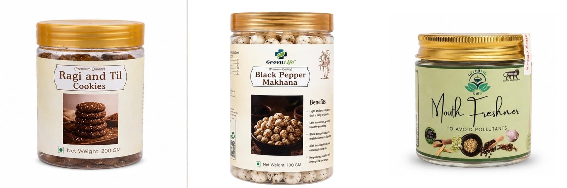 Ragi and Til Cookies | Finger Millet & Sesame | 200gBlack Pepper Makhana | Roasted Fox Nuts | 100gOrganic Jaggery Candy with 250g | Natural Desi Gur Can-image-48