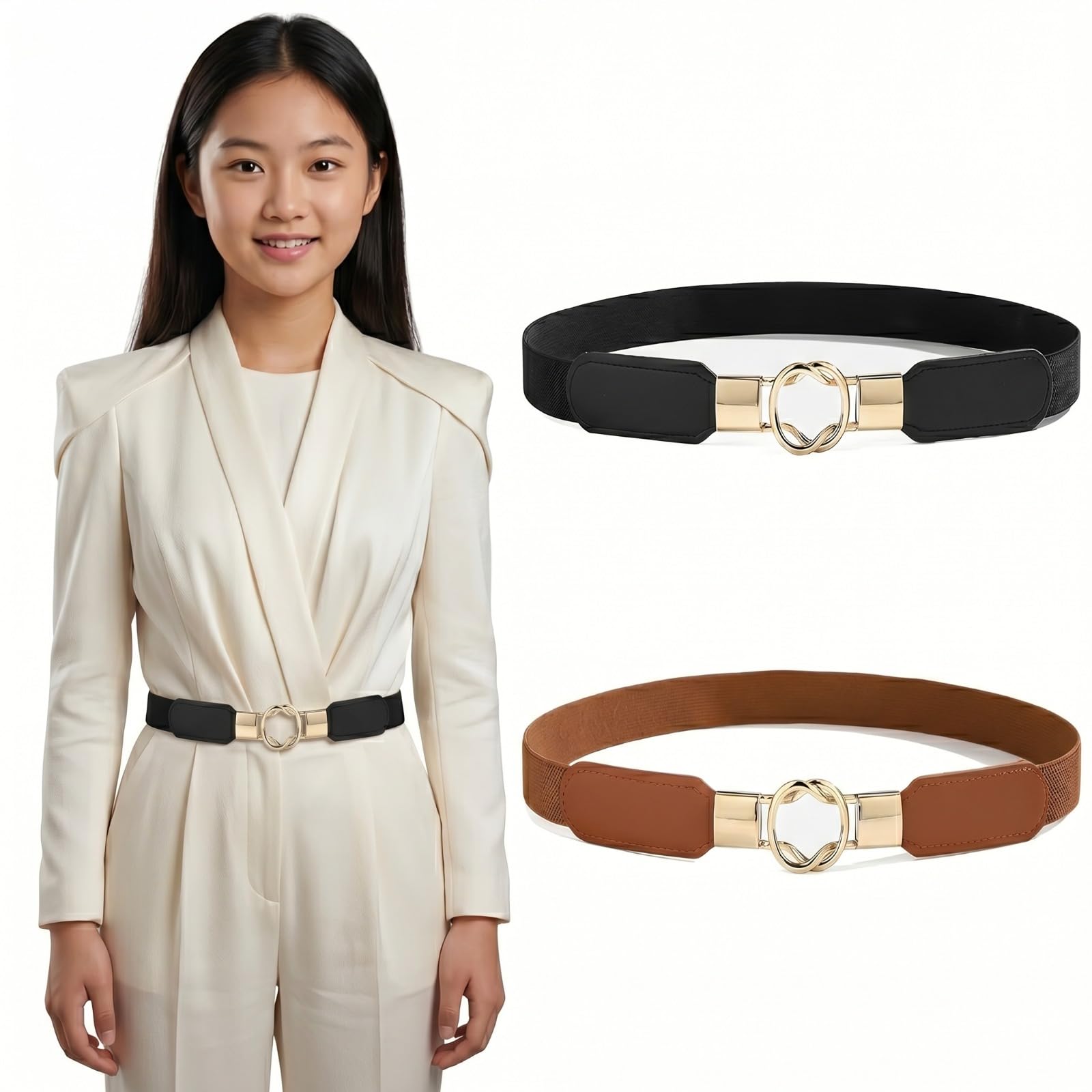 Stylish Women Retro Elastic Stretch Belt with Gold Metal Buckle | Adjustable Waist for Dresses, Jumpsuits, Kurtis, Tops & Formal Wear | Fashion Waist | Black & Brown Combo 2 Pack-image-23