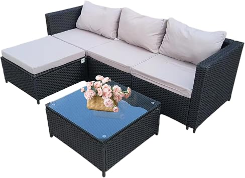 Garden Corner Sofa Furniture, 4-Seater All-Weather Rattan Corner Sofa Set w/Tempered Glass Coffee Table,Ottoman - L-Shaped Patio Garden Furniture Black Rattan+Grey Cushion YXL-2
