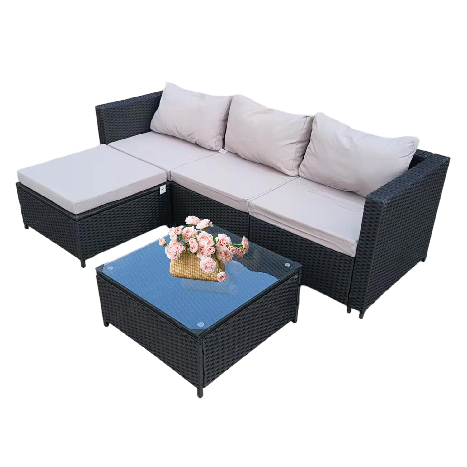 GadgetHaven Garden Corner Sofa Furniture, 4-Seater All-Weather Rattan Corner Sofa Set w/Tempered Glass Coffee Table,Ottoman - L-Shaped Patio Garden Furniture (Black Rattan+Grey Cushion) YXL-2