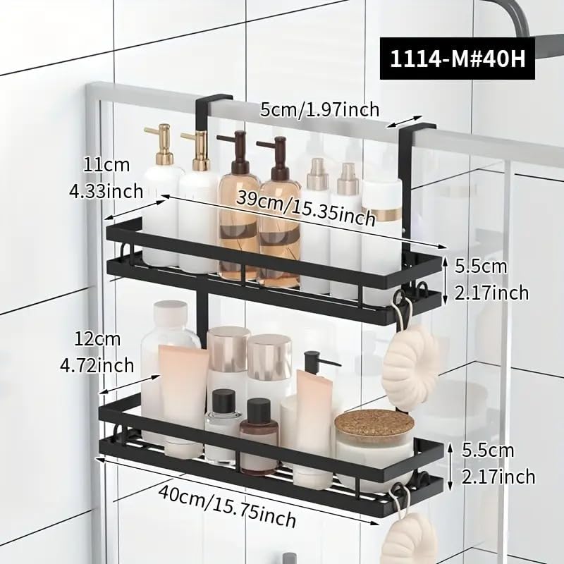 Miniatura 2 de Estante de almacenamiento de baño de 2 niveles, organizador de ducha de metal negro mate sobre la puerta, 15.75 x 4.72 pulgadas, a prueba de óxido,