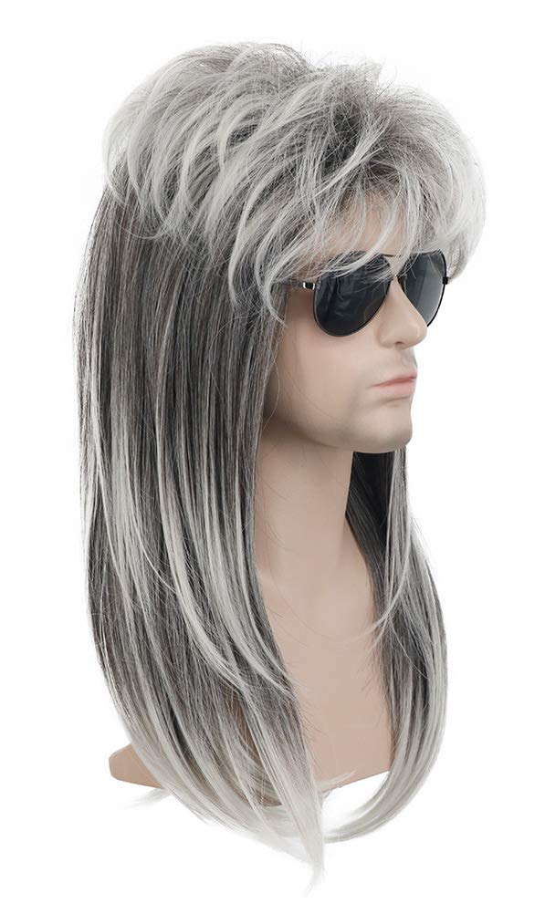 Karlery Men Mullet Long Wave Grey and White Wig 70s 80s Metal Rocker Party Halloween Costume Wig - Image 3