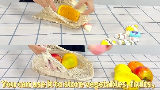 6 Pack Reusable Cotton Mesh Produce Bags With Drawstring - Eco-Friendly Grocery Shopping & Storage