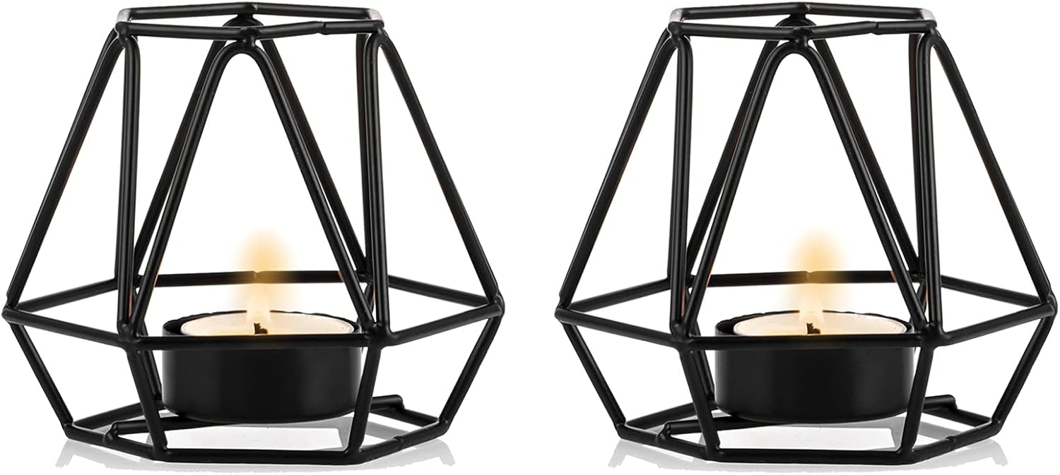 2 Pcs Tea Light Candle Holders, Black Tea Light Holder, Metal Hexagon