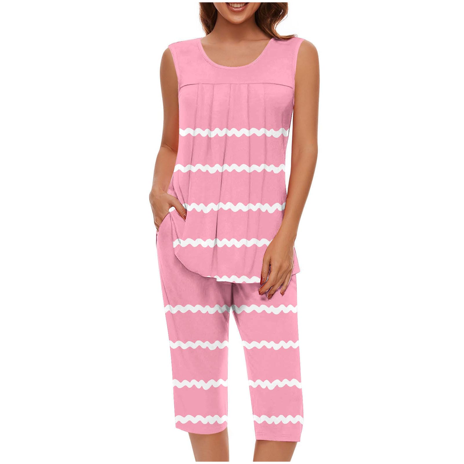 Pajama Sets for Women Summer Plus Size Lounge Sleepwear Loose Sleeveless Tops Printed Bermuda Shorts with Pockets