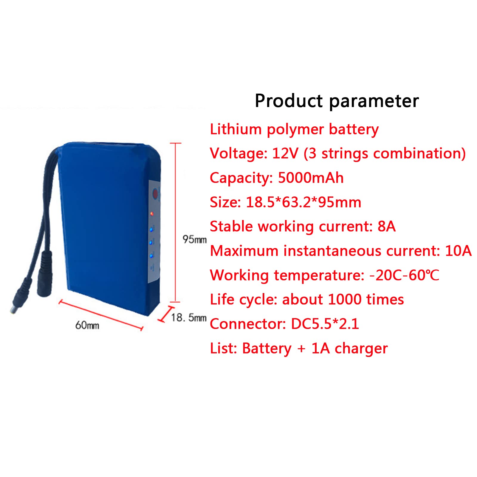 Batería Iones Litio 12 V CC Batería Iones Litio Polímero Litio Recargable Portátil con Cargador Adecuada para Cámaras Juguetes para Niños Herramientas De Iluminación, Etc.
