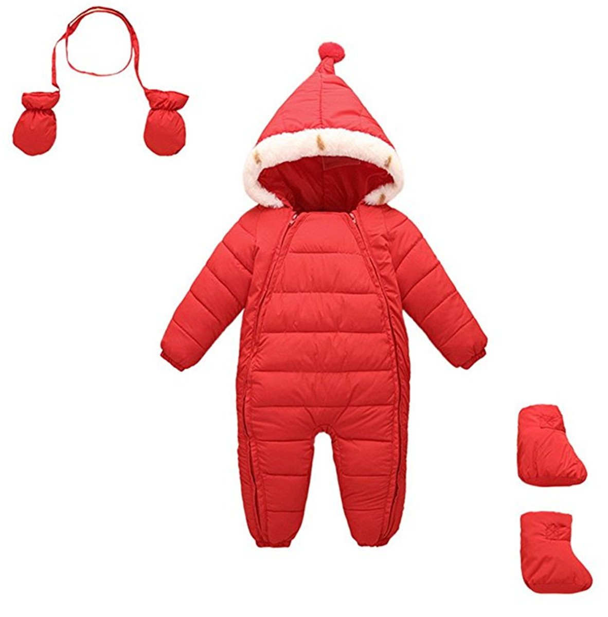 JELEUON 3 Piece All Unisex Baby Toddler One Piece Winter Warm Puffer Jacket Jumpsuit Snowsuit Romper 12-24 Months Red