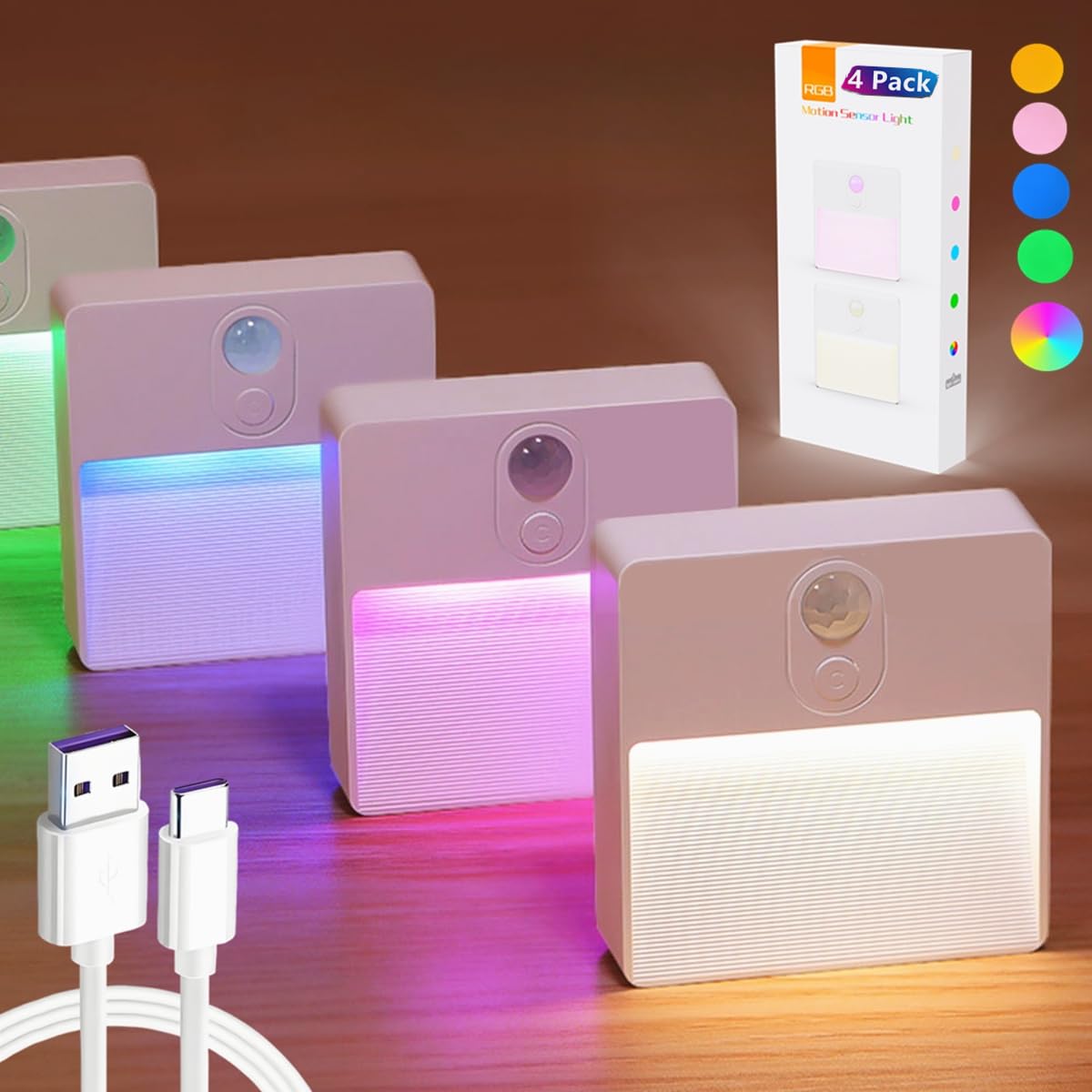 BLE Lighting dimmable LED Night Light 4 Pack RGBW Color Changing Night Lights USB Rechargeable Motion Sensor Light