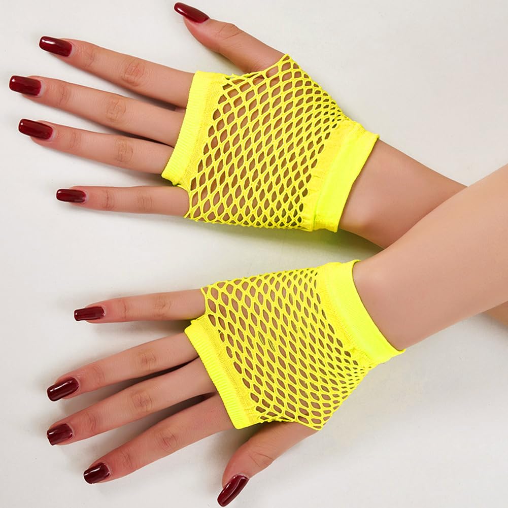 YeeHeen Short Fishnet Gloves for Women Punk Fingerless Mesh Glove Yellow - Image 2