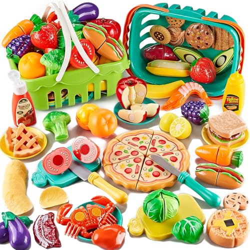 Kidsciety 85Pc Pretend Play Food Sets for Kids Kitchen, Cutting toy food with 2 Baskets, Play Kitchen Accessories for Toddlers, Fake Food with Pizza Veggies Fruits, Kids Kitchen Toys, Boys Girls Gift.