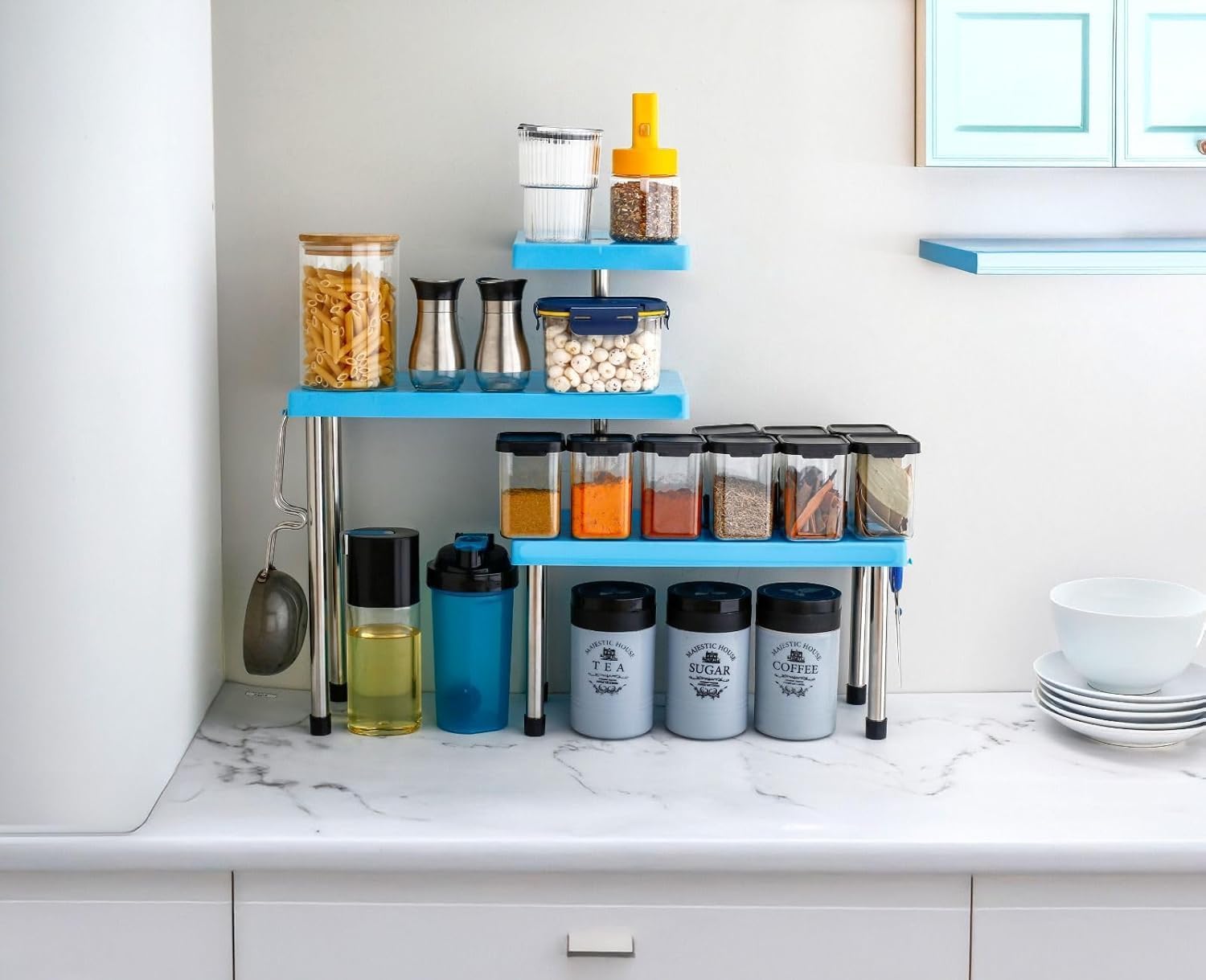 Angel Kiss-Tier Multipurpose Corner Shelf Organizer for Kitchen, Bathroom & Office | ABS Plastic with Stainless Steel Legs | Space Saving Rack for Spices, Jars, Toiletries & Makeup – Sky Blue
