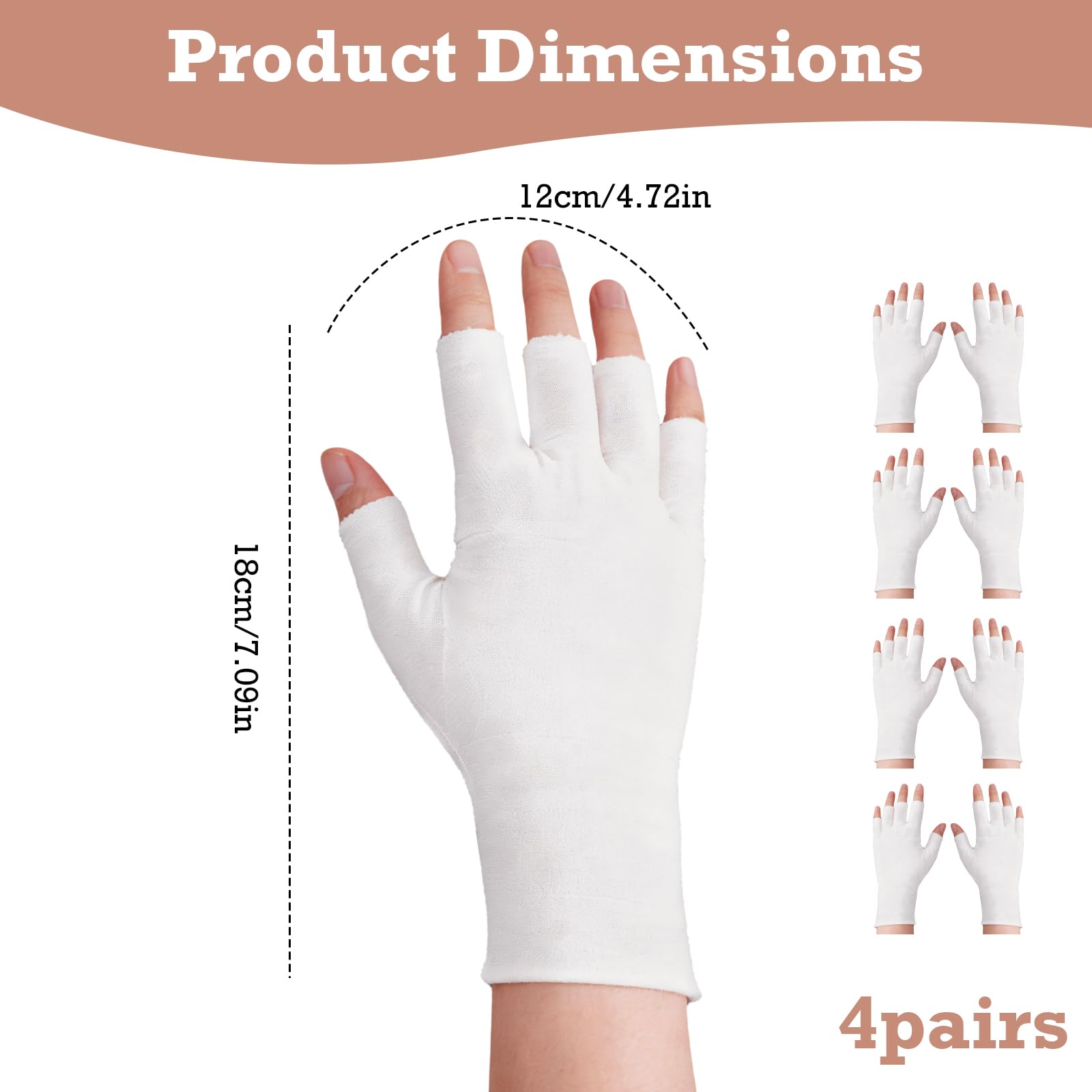 4 paia di guanti in cotone senza dita, guanti protettivi UV per lampade gel unghie bianchi sottili senza dita per mani asciutte touch screen spa trattamento della pelle