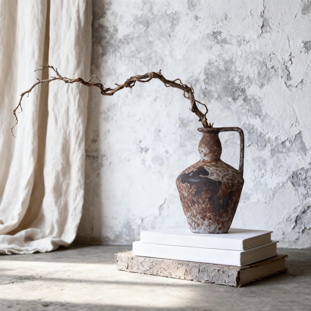 Rustic Terracotta Vase with Handle, 9.8” Large Vintage Clay Ceramic Vase for Home Decor, Farmhouse Pottery Vase for Living Room, Dining Table Centerpiece, Kitchen, Bedroom, Entryway