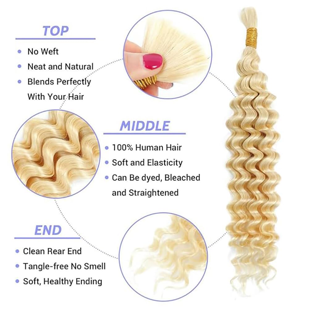Echthaar Tressen Deep Wave Human Braiding Hair for Boho Braids #613 Blonde Color Menschliches Haar Human Hair Extensions No Weft Weave 50g/Piece 22 22 22 Zoll