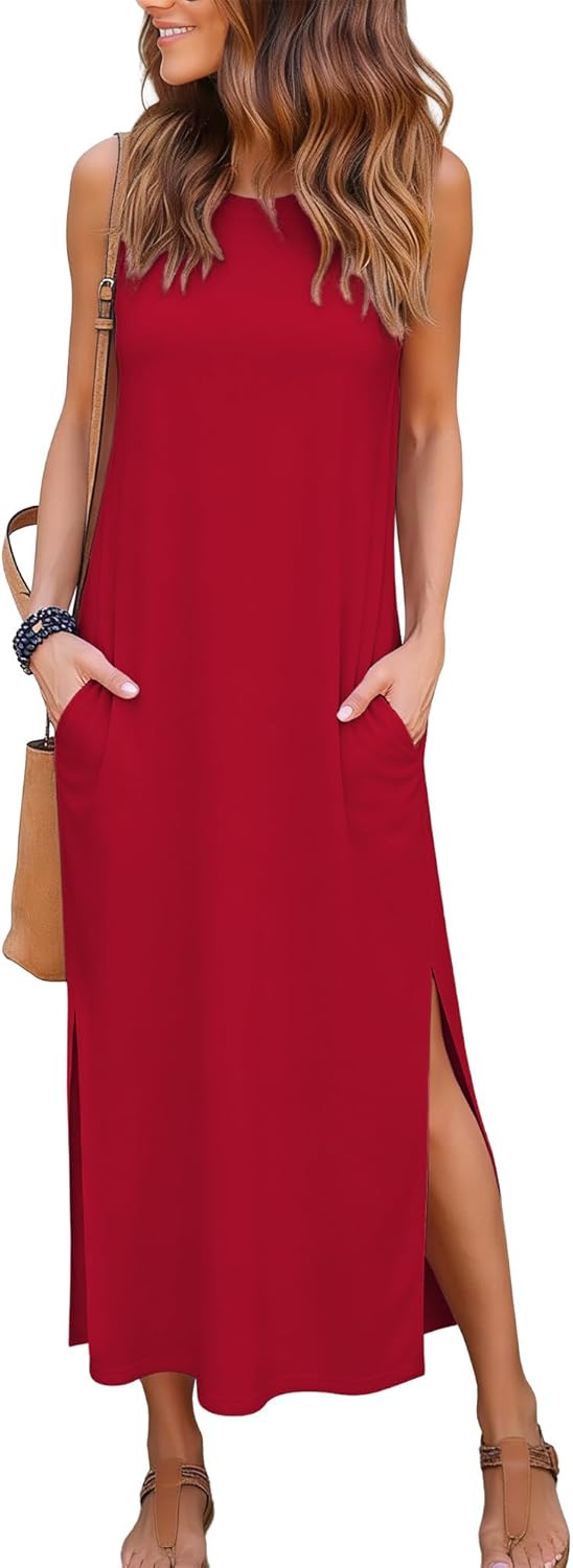 RUMIA Women's Maxi Dresses Casual Summer Elegant Side Slit Dress with Pockets (S-XXL)