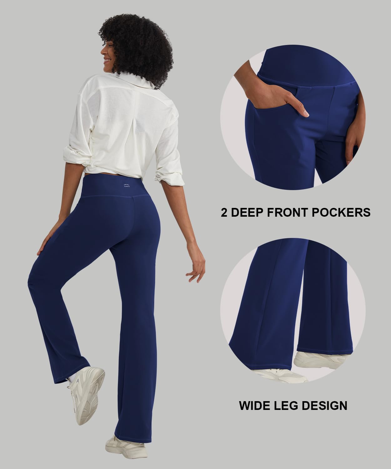 ALONG FIT Bootcut spodnie do jogi, damskie, długie, z wysokim stanem, z 3 kieszeniami, nieprzejrzyste, szerokie nogawki, spodnie rekreacyjne, 66 cm, 71 cm, 76 cm, 81 cm, długość kroku 81 cm