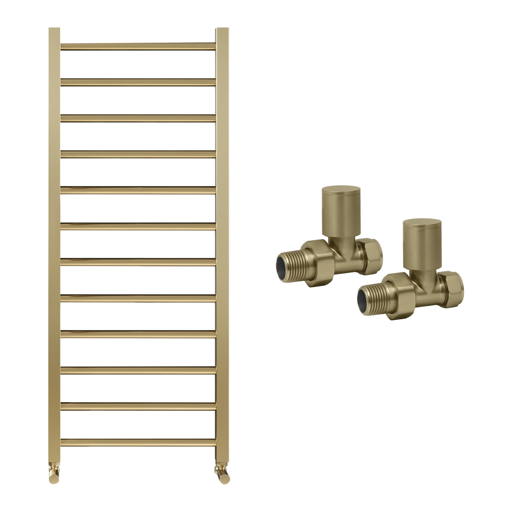 The Home Store Brass Brushed Bathroom Straight Heated Towel Rail Radiator 500 X 1200 & Straight Manual Valves