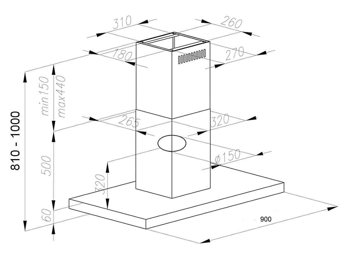 Baumann - Cappa a isola, modello Vela Isola, 90 x 60 cm, 800 M3/H, prestazioni di estrazione, 4 livelli, controllo touch, 20 dB sul livello massimo