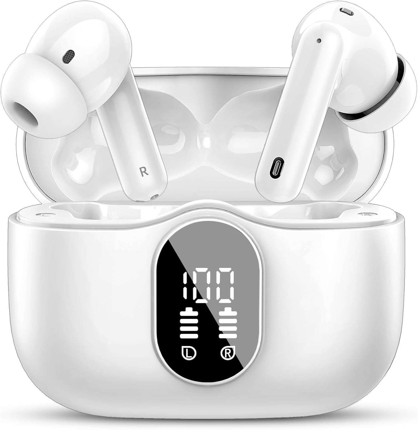 Wireless Earbuds, Bluetooth 5.4 Headphones Bass Stereo, Ear Buds with Noise Cancelling Mic, IP7 Waterproof in Ear Earphones, 36H LED Display Bluetooth Earbuds for Laptop Pad Phones Sports, WhiteCarbonfree Certified