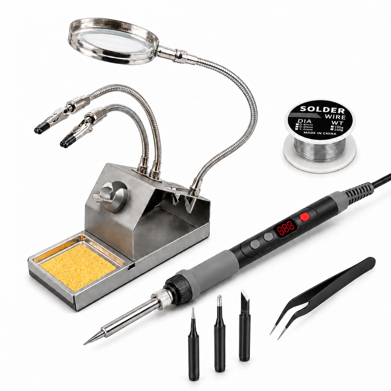 120W Kit Saldatore a Stagno, Temperatura Regolabile 180–520 °C | Digitale LED, Supporto Robusto Antiscivolo con Pinza a Coccodrillo e Lente d'Ingrandimento, Fil Stagno senza Piombo