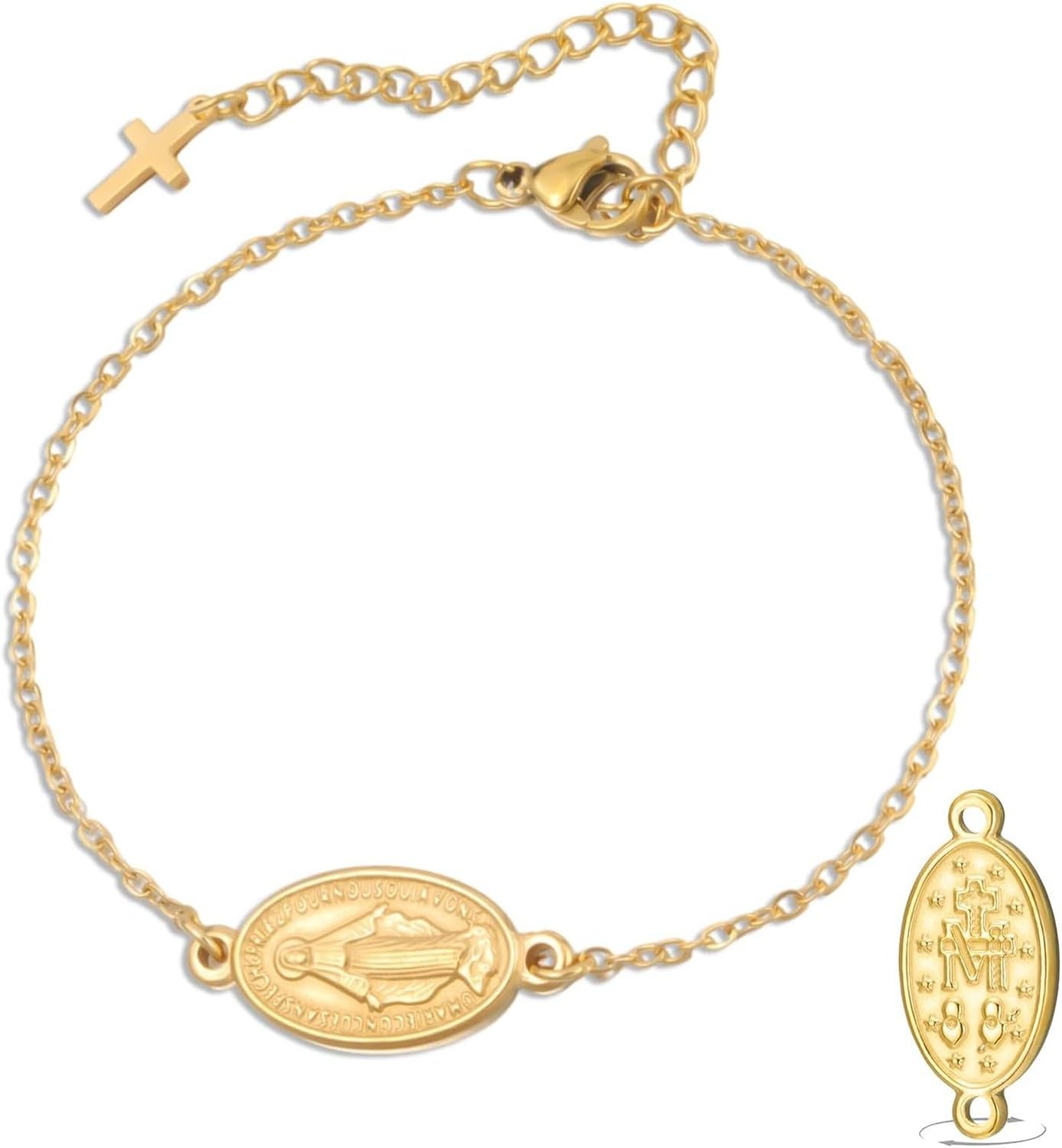 Eouyt Double Sided Rosary Bracelet for Women Men with Virgin Mary Medal Handmade Braided Rope Religious Jewelry Catholic Christian Gift, gold 9
