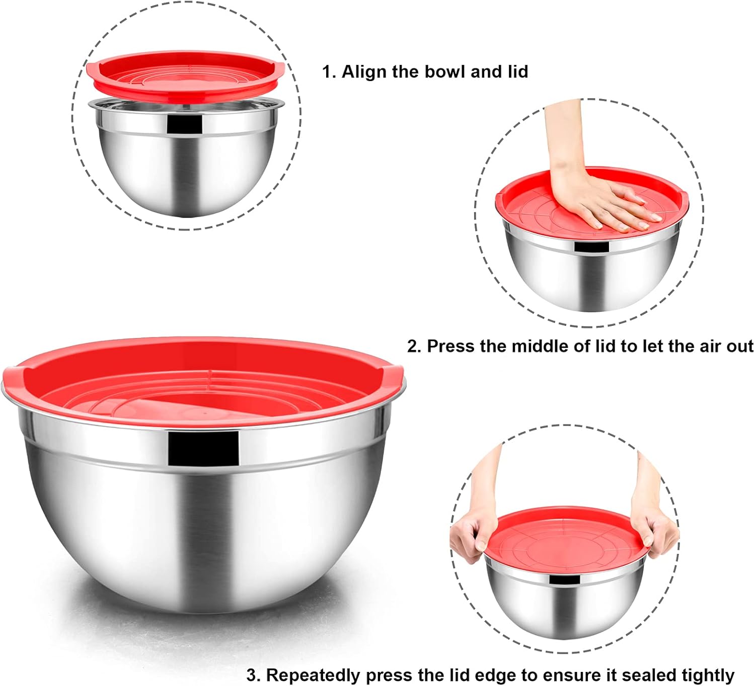 Homikit Stainless Steel Mixing Bowls with Airtight Lids, 5 Piece Nesting Salad Bowls for Space-Saving Storage - Image 5