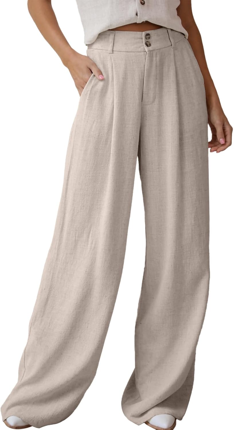 Dokotoo Womens Linen Pants Casual Loose Wide Leg Pants for Women Elastic Waist Palazzo Pants Trousers with Pockets