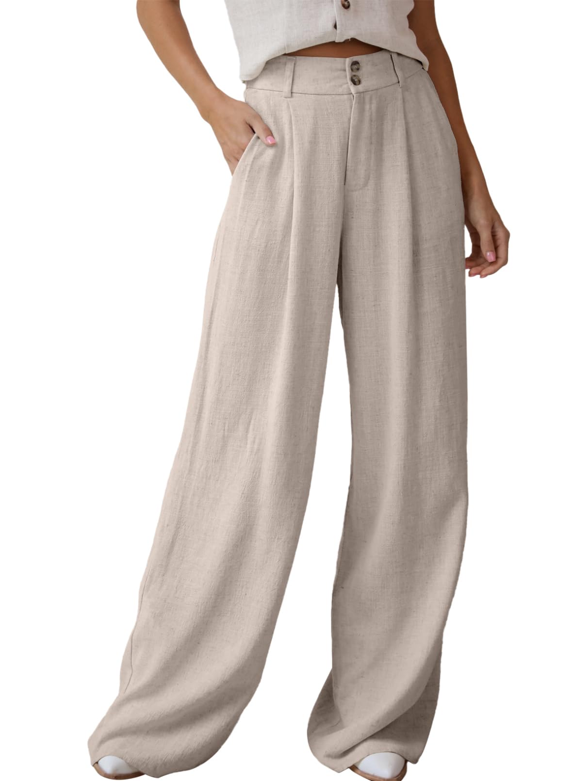 Dokotoo Womens Linen Pants Casual Loose Wide Leg Pants for Women Elastic Waist Palazzo Pants Trousers with Pockets