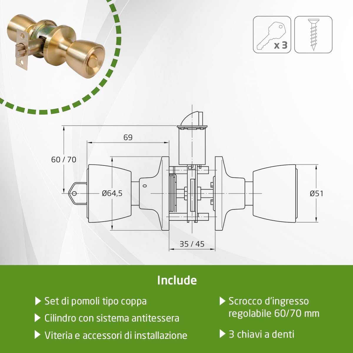 Amig - Set pomolo per porta - Chiavistello d'ingresso 60/70 mm - Con serratura interna - Per porte in legno da 35 a 45 mm di spessore - Sistema Anti-Card