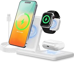 3 in 1 Wireless Charging Station for iphone Fast Wireless Charger Stand for Apple Watch, for Airpods Pro 4 3 2, for iphone 17/16/15/14/13/12/11/8/XS/XR/X/SE(No Plug Included) (White)