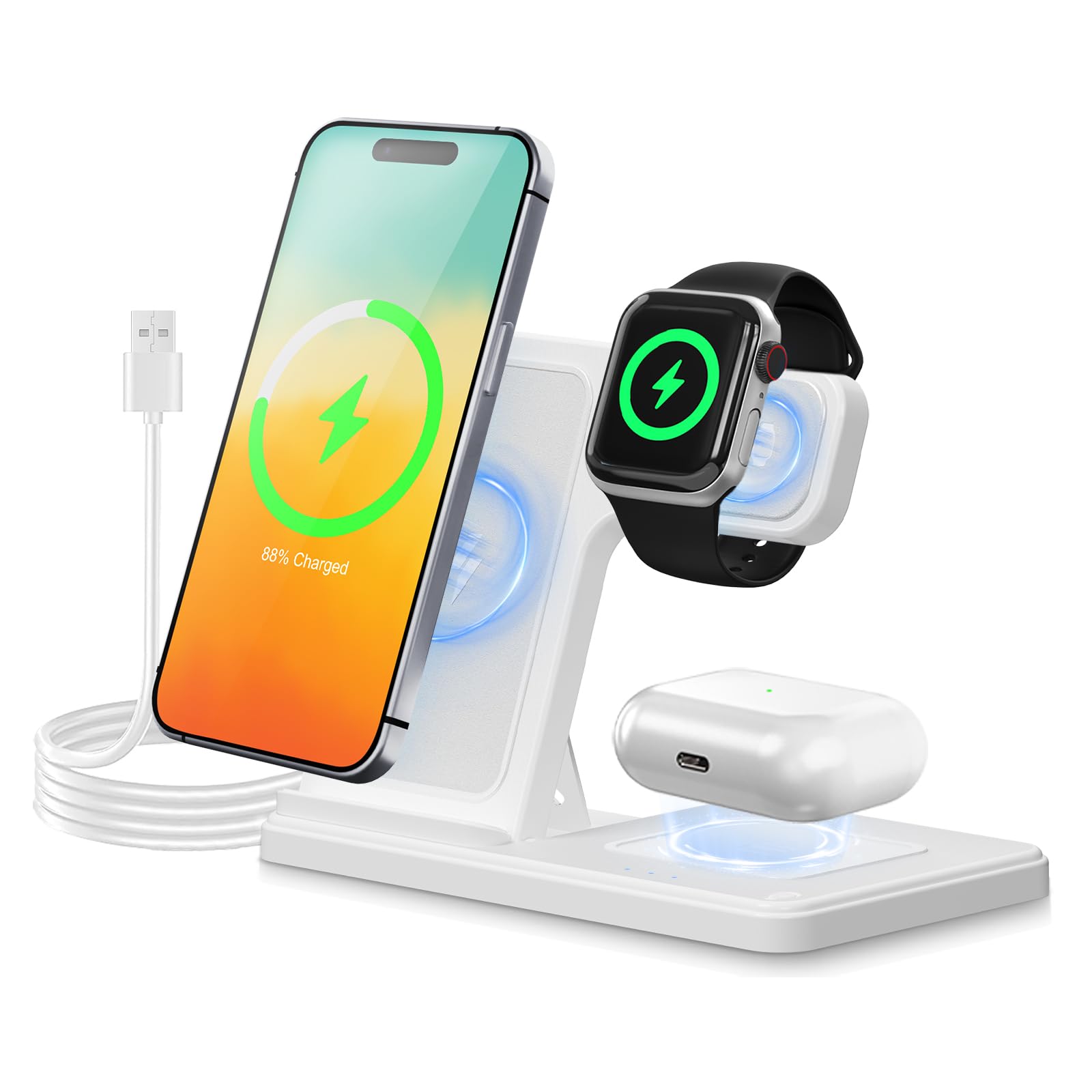 3 in 1 Wireless Charging Station for iphone Fast Wireless Charger Stand for Apple Watch, for Airpods Pro 4 3 2, for iphone 17/16/15/14/13/12/11/8/XS/XR/X/SE(No Plug Included) (White)