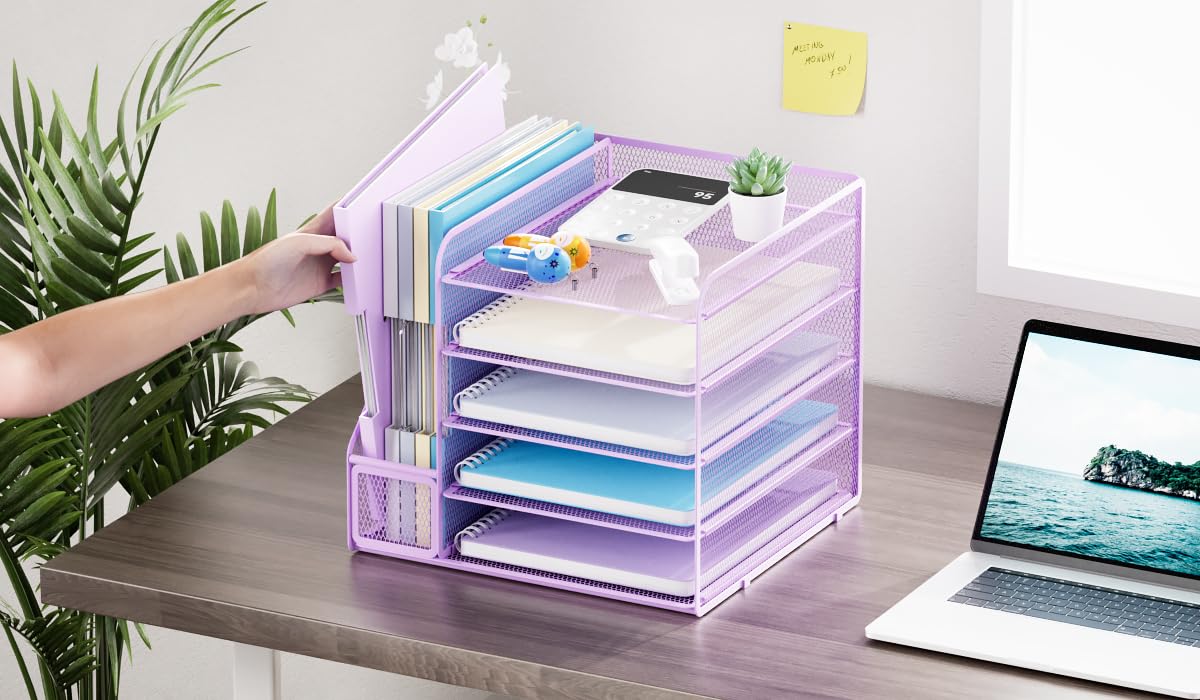 Marbrasse Desk Organizer and Office Accessories,5-Tier Paper Letter Tray Organizer with File Holder,Mesh Desktop Organiser for Office Supplies & Desk Tidy Organiser (Purple) - Image 3